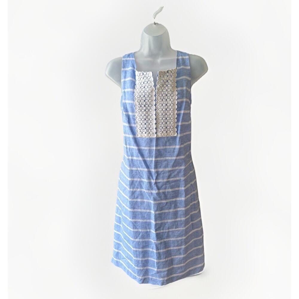 Talbots Linen Shift Dress Size 8 Blue White Striped Embroidered Coastal Nautical